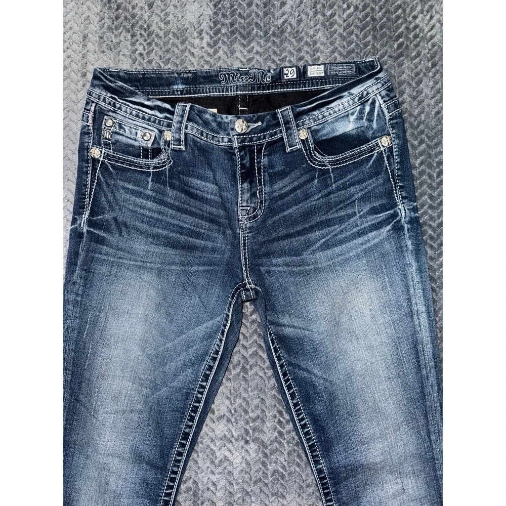 Miss Me Women's Easy Boot Embellish‎ Blue Denim Mid Rise Size 29